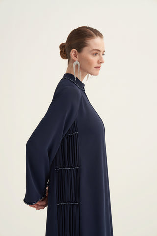 Yanları Şifonlu ve İşlemeli Ferace - lacivert