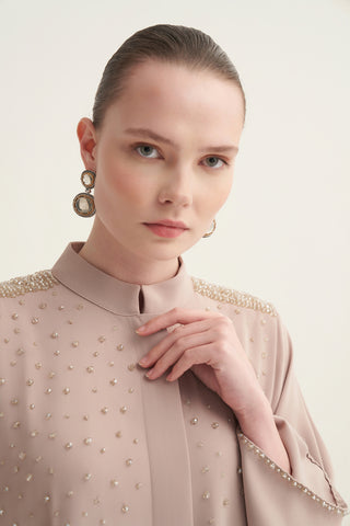 Serpme Boncuk İşleme Detaylı Ferace - koyu bej