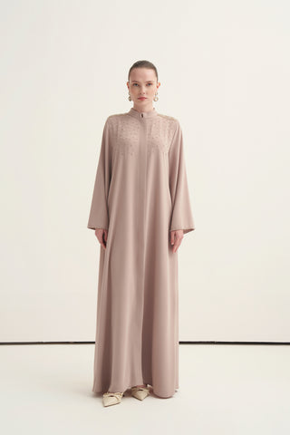 Serpme Boncuk İşleme Detaylı Ferace - koyu bej