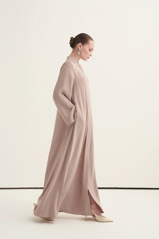 Serpme Boncuk İşleme Detaylı Ferace - koyu bej