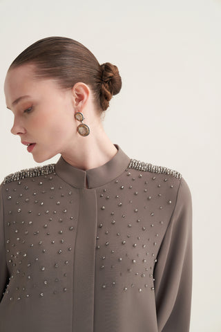 Serpme Boncuk İşleme Detaylı Ferace - vizon