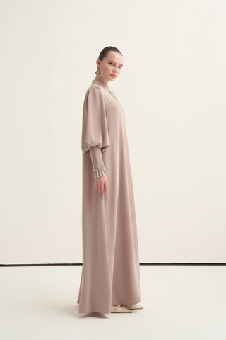 Kol Uçları Taş İşlemeli Ferace - koyu bej