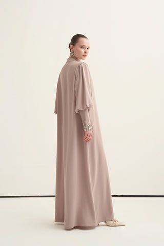 Kol Uçları Taş İşlemeli Ferace - koyu bej