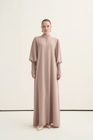 Kol Uçları Taş İşlemeli Ferace - koyu bej