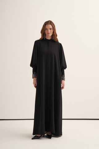 Kol Uçları Taş İşlemeli Ferace - siyah