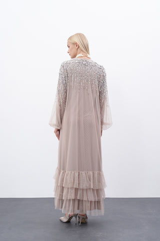 İncili Tül Abaya - Bej