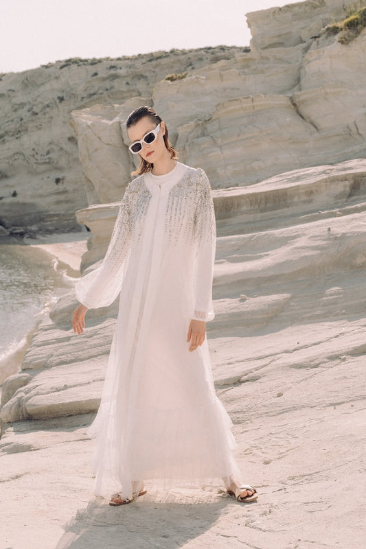 İncili Tül Abaya - ekru