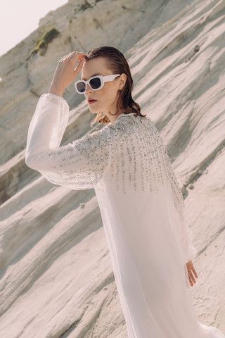 İncili Tül Abaya - ekru