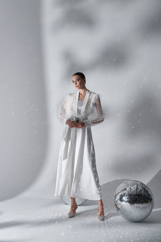 Kolları Organze Yaka Detaylı Abaya - Ekru