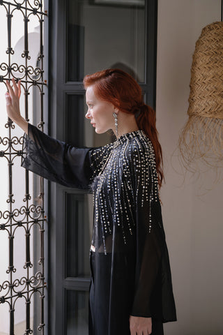 Reglan Kol İnci Çakım Tül Abaya - siyah