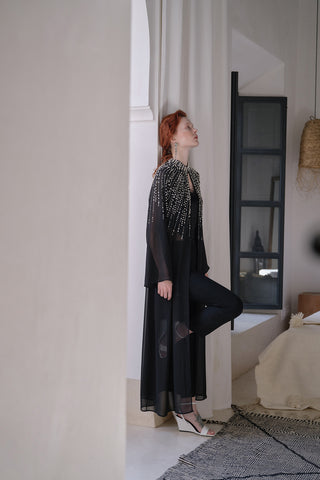 Reglan Kol İnci Çakım Tül Abaya - siyah