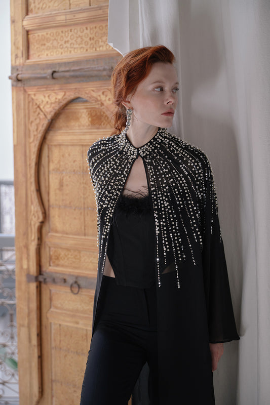 Reglan Kol İnci Çakım Tül Abaya - siyah