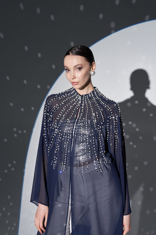 Reglan Kol İnci Çakım Tül Abaya - lacivert