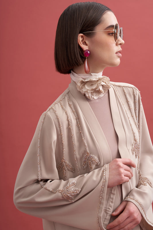 Önü Ve Kolları Taş İşlemeli Abaya - Bej