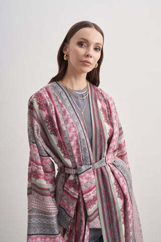 Etnik Desenli Yarasa Kol Keten Abaya - gülkurusu