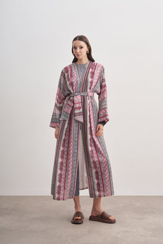 Etnik Desenli Yarasa Kol Keten Abaya - gülkurusu