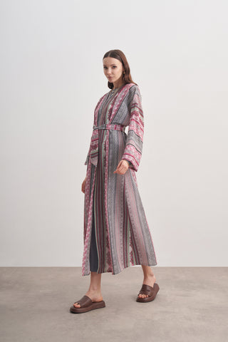 Etnik Desenli Yarasa Kol Keten Abaya - gülkurusu