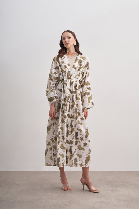 Desenli Yarasa Kol Keten Abaya - yağ yeşili