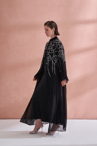 Taş Baskılı Hakim Yaka Şifon Abaya - siyah