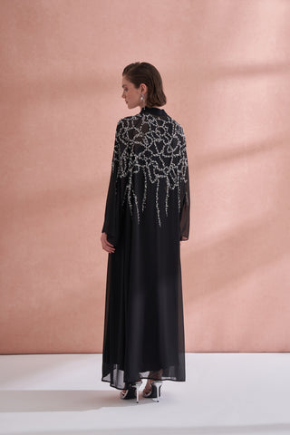 Taş Baskılı Hakim Yaka Şifon Abaya - siyah