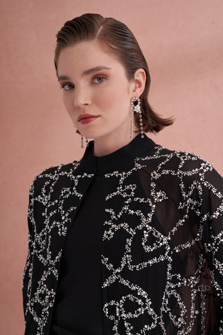 Taş Baskılı Hakim Yaka Şifon Abaya - siyah