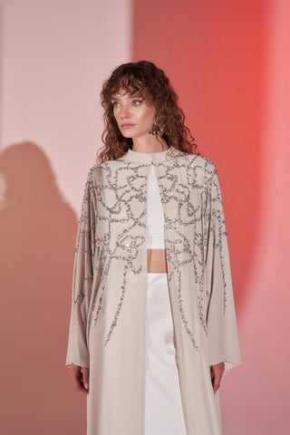 Taş Baskılı Hakim Yaka Şifon Abaya - bej