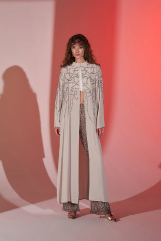 Taş Baskılı Hakim Yaka Şifon Abaya - bej