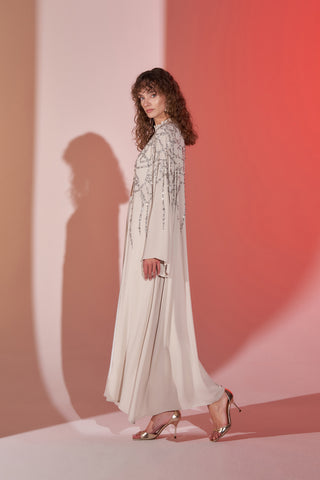 Taş Baskılı Hakim Yaka Şifon Abaya - bej