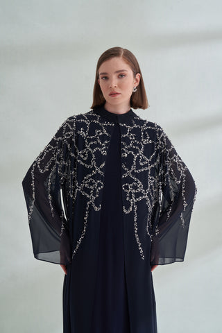 Taş Baskılı Hakim Yaka Şifon Abaya - lacivert