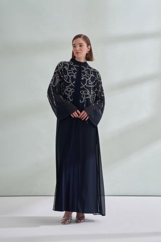 Taş Baskılı Hakim Yaka Şifon Abaya - lacivert