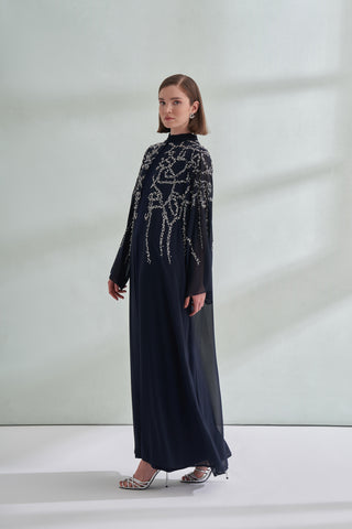 Taş Baskılı Hakim Yaka Şifon Abaya - lacivert