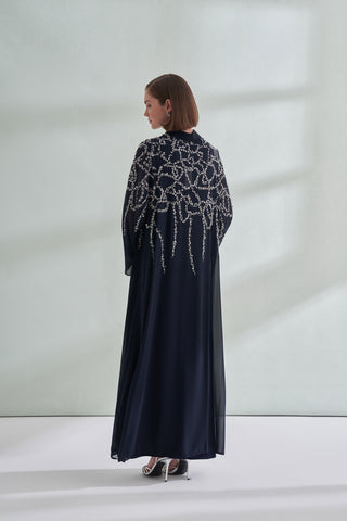 Taş Baskılı Hakim Yaka Şifon Abaya - lacivert