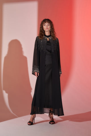 Yaka Çevresi Ve Kol Uçları Taş Baskılı Şifon Abaya - siyah