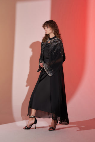 Yaka Çevresi Ve Kol Uçları Taş Baskılı Şifon Abaya - siyah