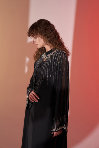 Yaka Çevresi Ve Kol Uçları Taş Baskılı Şifon Abaya - siyah