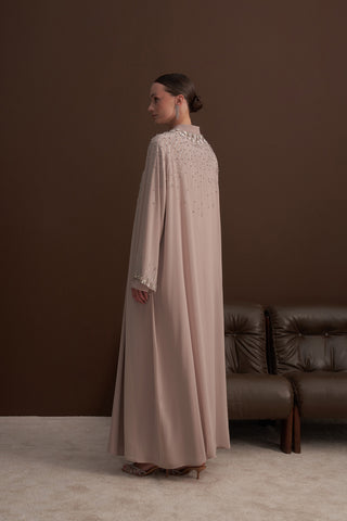 Yaka Çevresi Ve Kol Uçları Taş Baskılı Şifon Abaya - bej