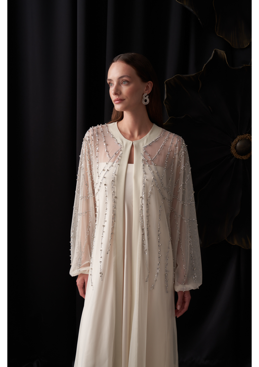 Taş Yapıştırma ve Çakım Detaylı Tül Abaya - krem