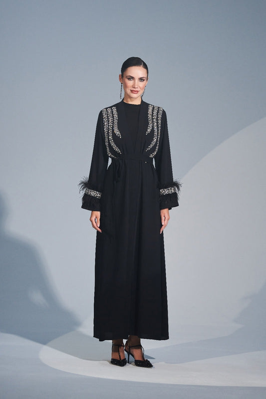Kol Uçları Tüy ve Omuzdan Aşağı Taş İşleme Detaylı Abaya - siyah