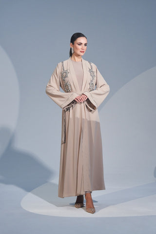 Omuzdan Aşağı Özel El İşleme Taş Detaylı Abaya - bej