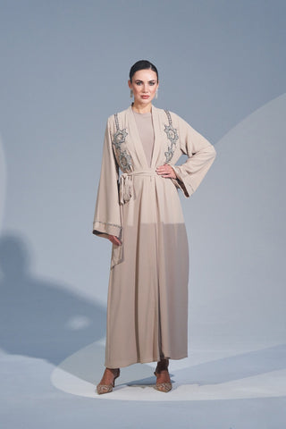 Omuzdan Aşağı Özel El İşleme Taş Detaylı Abaya - bej