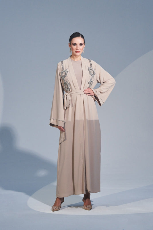 Omuzdan Aşağı Özel El İşleme Taş Detaylı Abaya - bej
