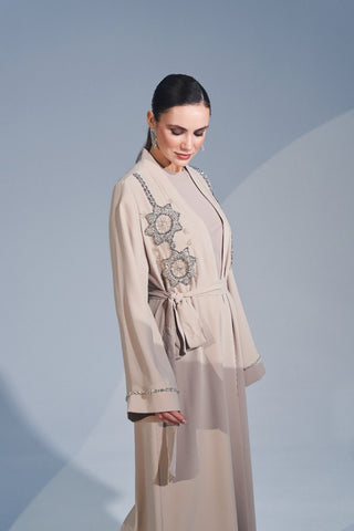 Omuzdan Aşağı Özel El İşleme Taş Detaylı Abaya - bej