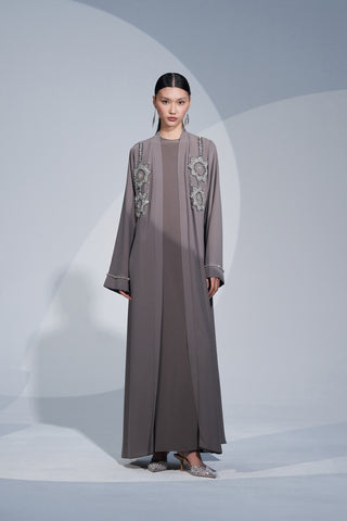 Omuzdan Aşağı Özel El İşleme Taş Detaylı Abaya - vizon