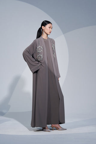 Omuzdan Aşağı Özel El İşleme Taş Detaylı Abaya - vizon