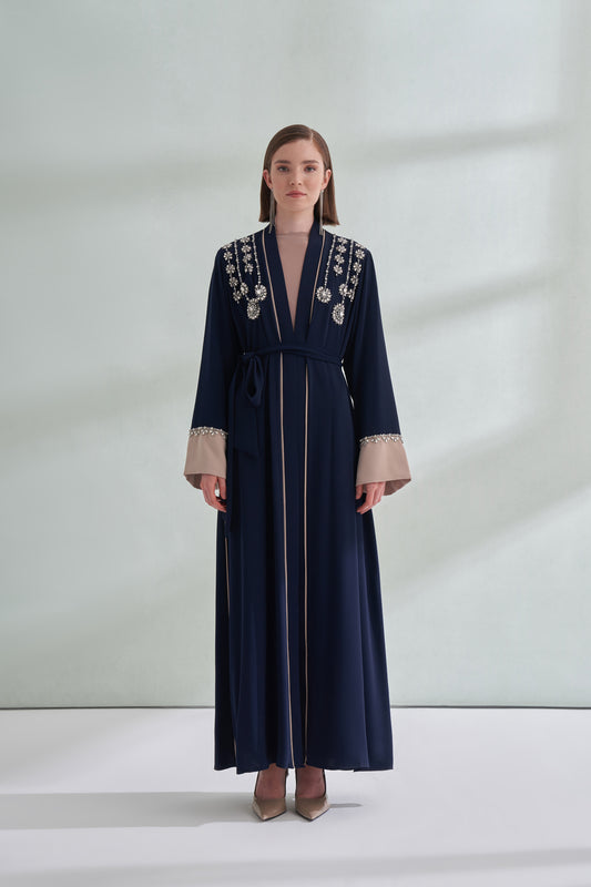 Biye Detaylı Kol ve Omuz El İşi Taş Detaylı Abaya - lacivert