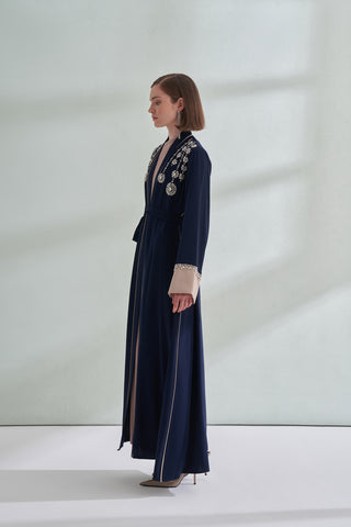 Biye Detaylı Kol ve Omuz El İşi Taş Detaylı Abaya - lacivert