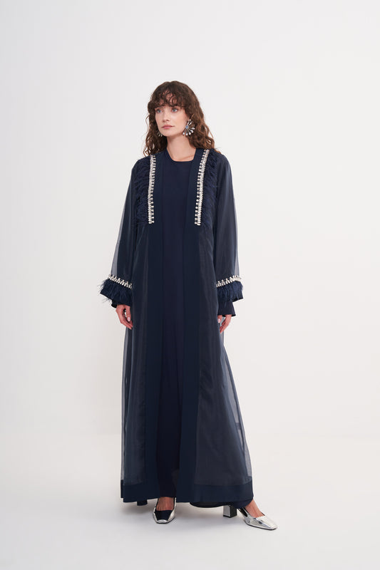 Kol ve Yaka El İşi Taş ve Tüy Detaylı Abaya - lacivert