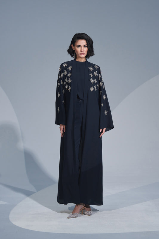 Kolları ve Önlerinde El İşi Taş Detaylı Abaya - lacivert