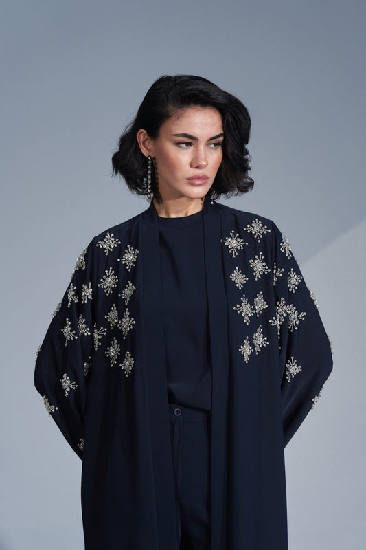 Kolları ve Önlerinde El İşi Taş Detaylı Abaya - lacivert