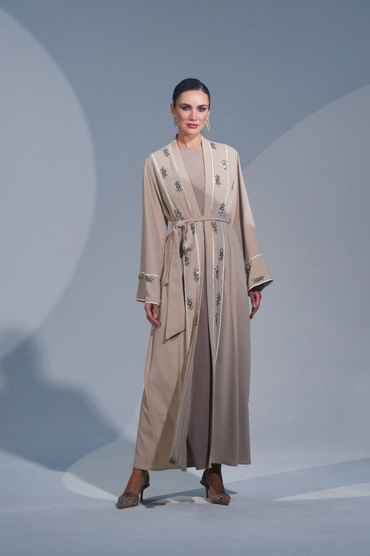 Biye ve El İşi Taş İşleme Detaylı Abaya - bej